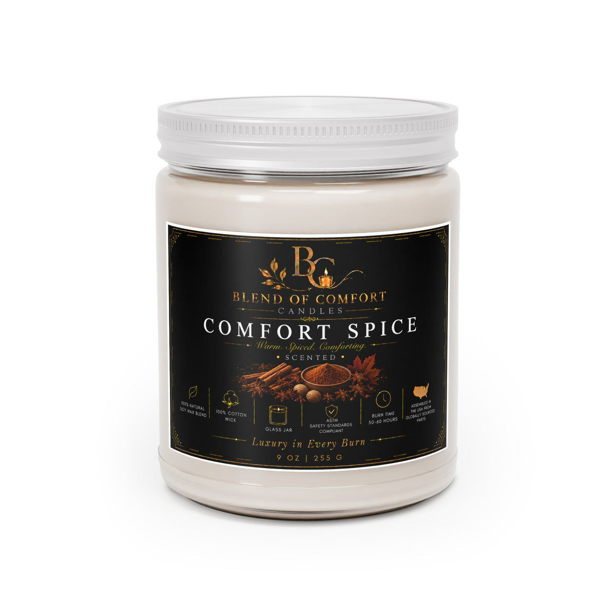 Comfort Spice Soy Candle — 9oz Scented Jar with White Lid