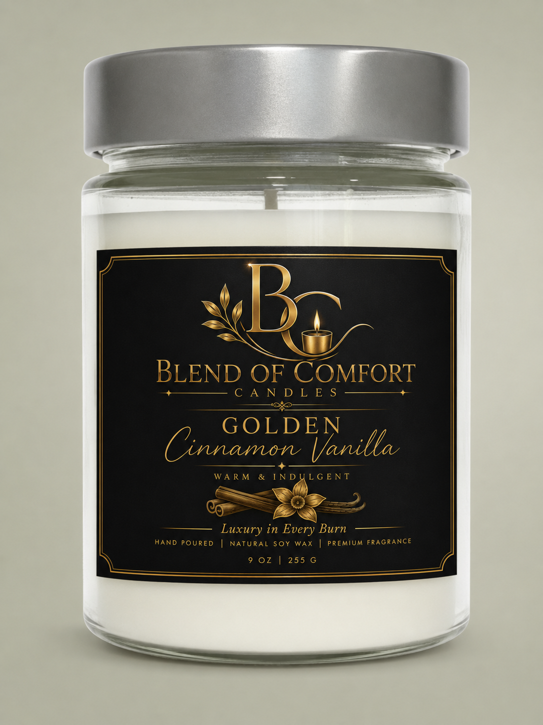 Golden Cinnamon Vanilla Soy Candle — 9oz Luxury Jar