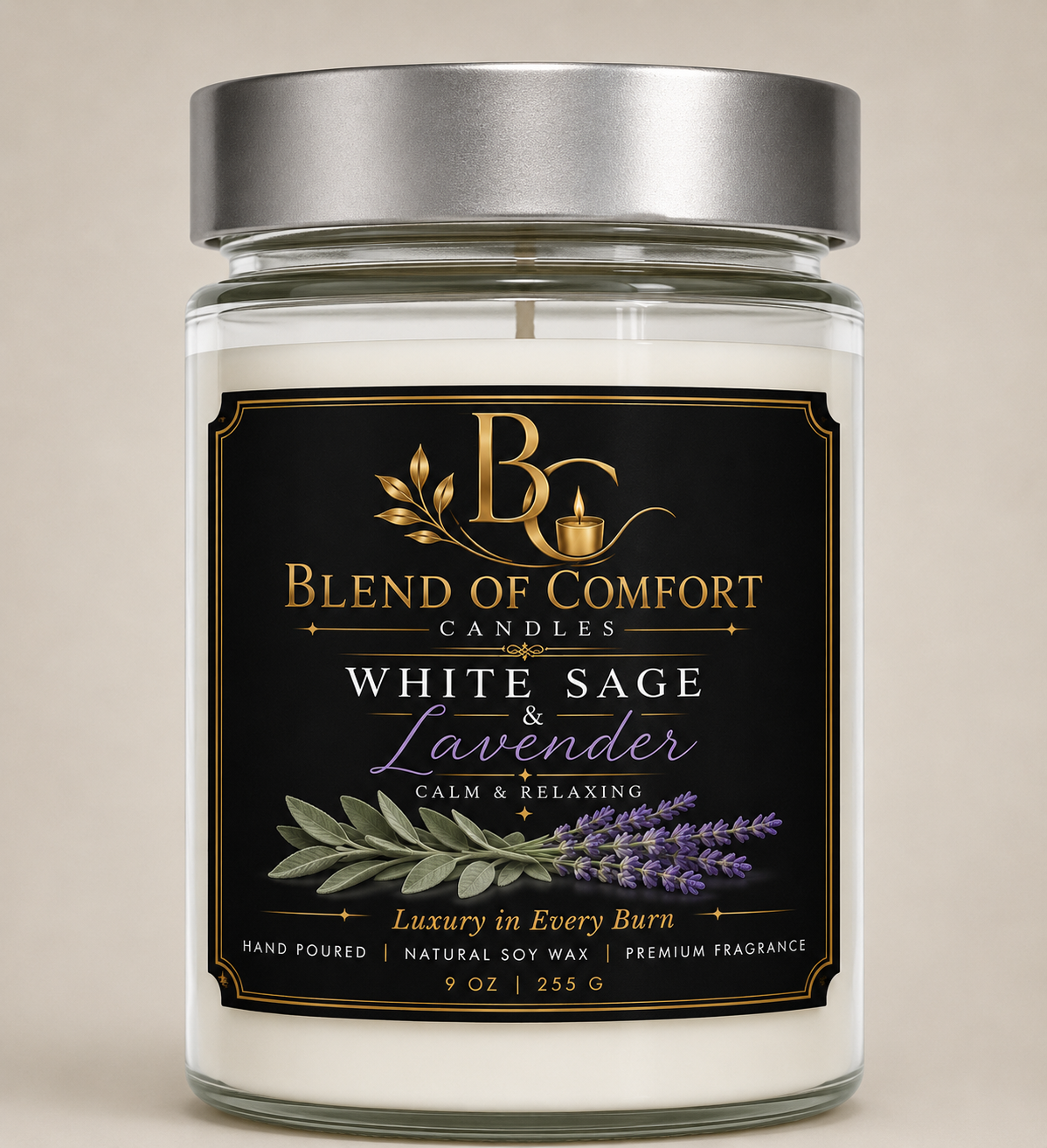 White Sage & Lavender Soy Candle — 9oz Jar (Calm & Relaxing)