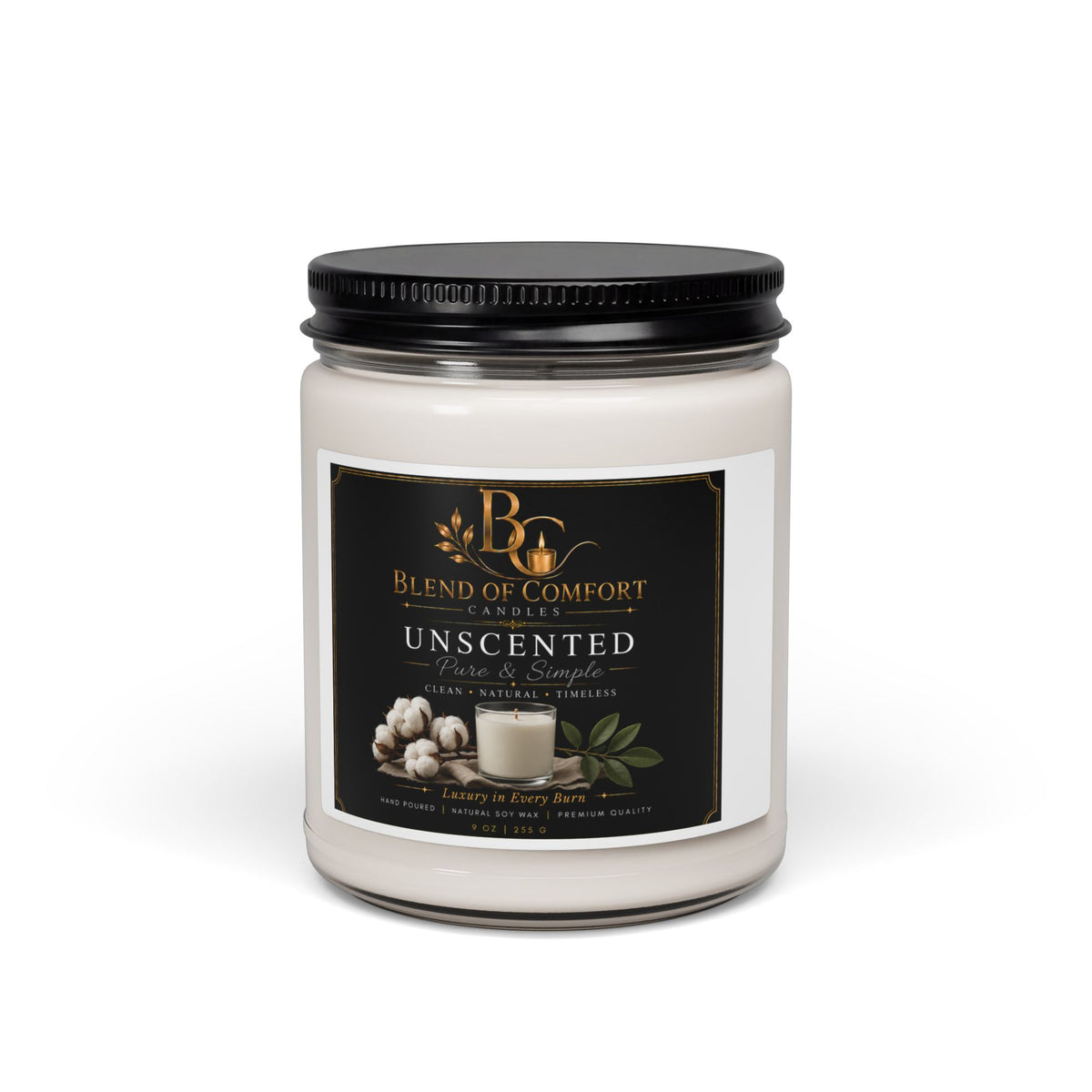 Unscented Soy Candle 9oz — Clean-Burning Jar Candle for Sensitive Noses & Home Ambience