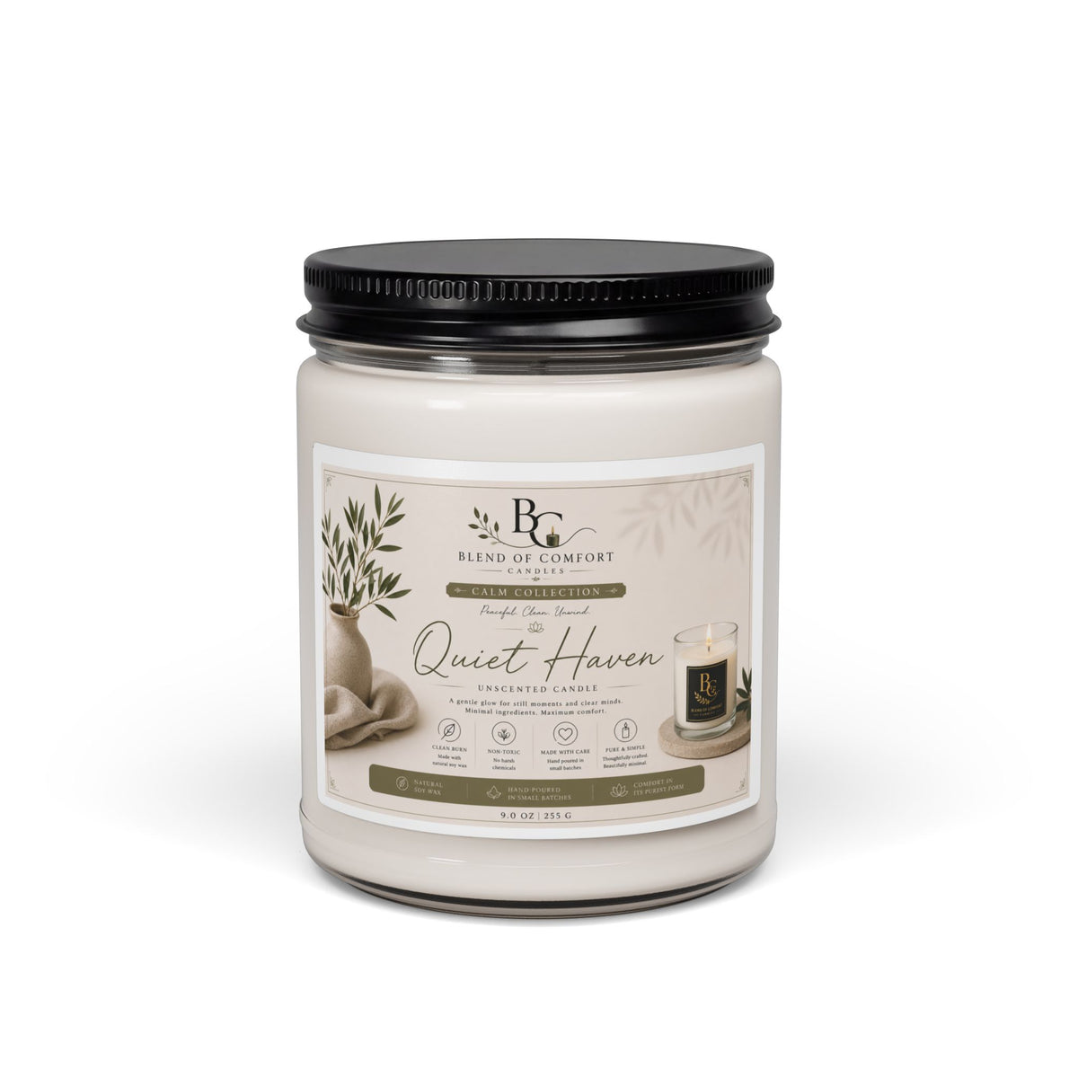 Quiet Haven Scented Soy Candle — 9oz Relaxing Aromatherapy Candle (Lavender + Eucalyptus)