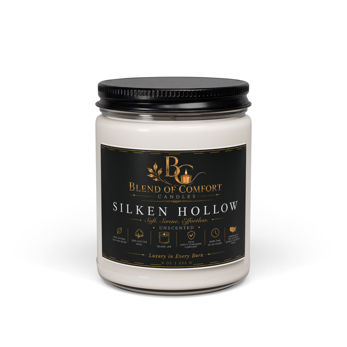 Silken Hollow Soy Candle — 9oz Scented Jar, Luxury Cozy Home Fragrance